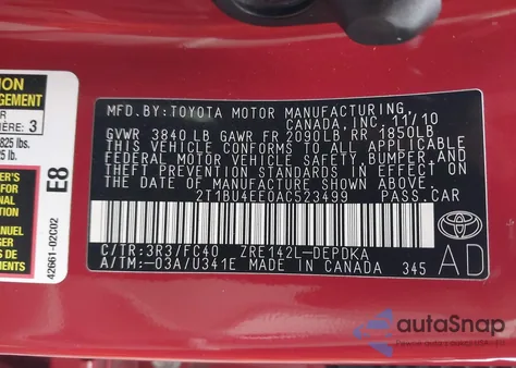 2010 Toyota Corolla Le z USA, uszkodzony, nr VIN 2T1BU4EE0AC523499